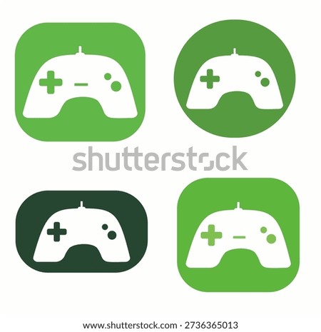 Minimalist green game controller icon set featuring four distinct styles: rounded square, circle, capsule, and outlined shapes. Perfect for gaming apps, UI design, and modern e-sports branding assets