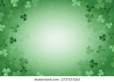 Minimalist Green Gradient Background Featuring Three Leaf Shamrocks Clovers Scattered with Empty Middle for Copyspace for Saint Patrick's Day Seasonal Promotion, Irish Holiday Greetings, and Spring Themes.