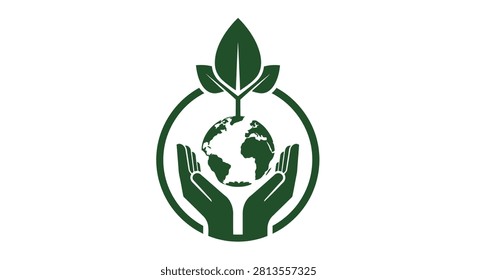 A minimalist green graphic symbol representing sustainability and environmental protection showing hands cradling the globe with a sprouting plant growing from the top