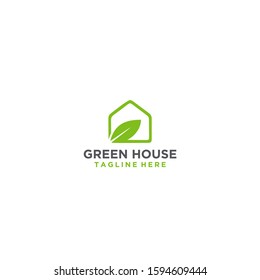 Minimalist green house with leaf vector logo design concept.