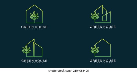 Minimalist green house logo design collection with unique line art style Premium Vector