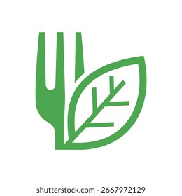 Un icono verde minimalista que combina un tenedor y una hoja. Este símbolo representa alimentos saludables, orgánicos, veganos o vegetarianos y dietas basadas en plantas.