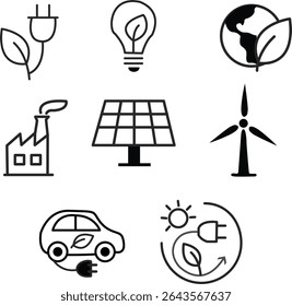 Minimalist Green Icons: Sustainable Energy, Eco-Friendly Solutions, and Environmental Protection