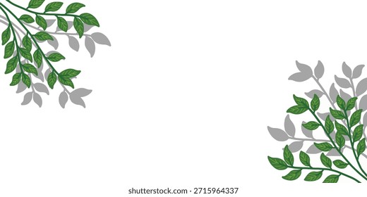 Minimalist green leaf branch corner frame vector illustration. Hand drawn botanical foliage border with shadows