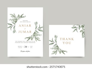 Minimalist green leaves arranged wedding invitation card