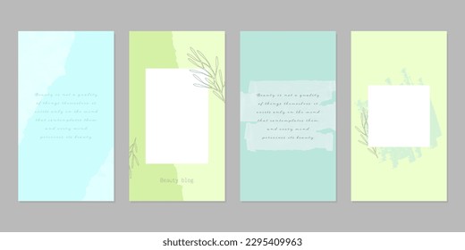 Minimalist green and light blue social media story post layouts with torn ripped paper texture. Cosmetics, skin care or beauty concept.	