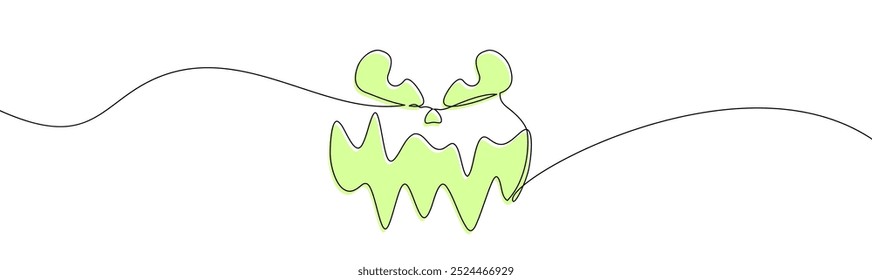 Uma arte minimalista de linha verde de um rosto assustador com dentes afiados e irregulares. Perfeito para projetos de Halloween, decorações misteriosas e projetos de arte abstrata moderna.