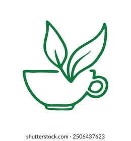 A minimalist green line drawing of a teacup with two leaves sprouting from it.