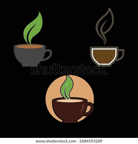 Minimalist green café logo set featuring coffee cups with leaf steam designs. Perfect for eco-friendly coffee shops, organic cafes, herbal tea branding, and sustainable beverage businesses.