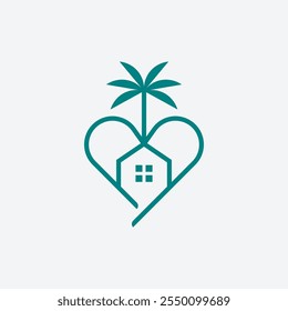 Minimalist Green Love House with Palm. Cabin Village Cottage Home Vacation Rent Logo design