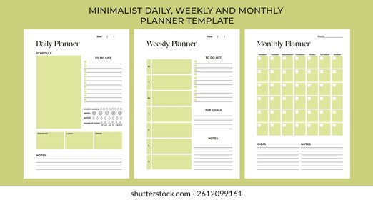 Minimalist Green planner pages templates. Organizer page, daily, weekly and monthly control book. Life planners, weekly and days organizers or office schedule list. Graphic organization paper vector.