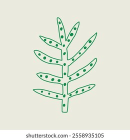 Minimalist green plant design with dots and branches, modern artistic style. Vector hand drawn line art illustration.