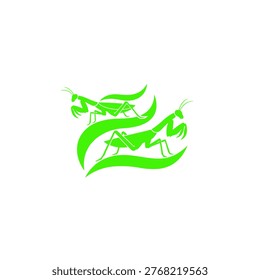 Minimalist green praying mantis illustration featuring two insects with organic leaf shapes on a white background. High-quality vector design for logos and nature concepts.