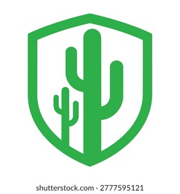 A minimalist green shield icon featuring a saguaro cactus design. This symbol represents desert protection, eco friendly security, sustainable nature, and plant life.