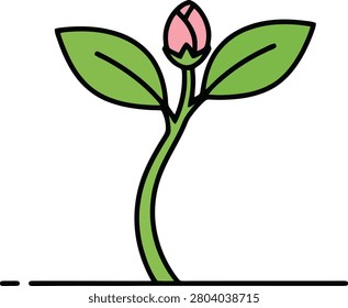Minimalist Green Sprout With Tiny Pink Bud Growing From Ground on a Clean White Background Surface