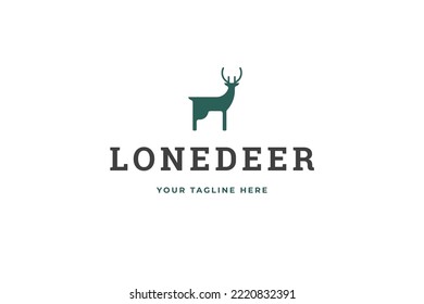 Minimalist green standing deer silhouette vintage logo design template hunting club ecology safety vector illustration. Forest reindeer horned wild mammal animal branding identification label