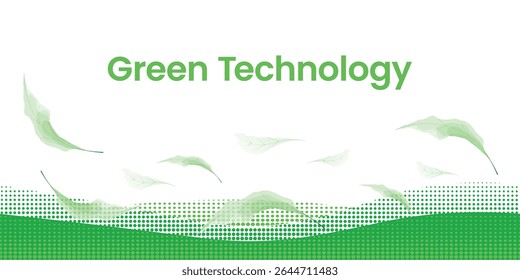 Minimalist green technology background with falling leaves, wave pattern and clean white space for eco-friendly concepts.