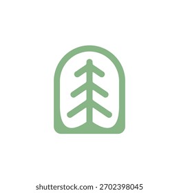 Um ícone de árvore verde minimalista dentro de uma forma de arco arredondado, simbolizando a natureza e o crescimento.
