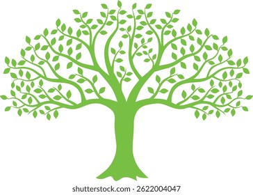 A minimalist green tree illustration with a symmetrical, stylized canopy and detailed branches, perfect for a nature-inspired t-shirt.