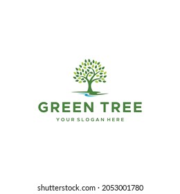 Minimalist GREEN TREE Leaves River Logo Design