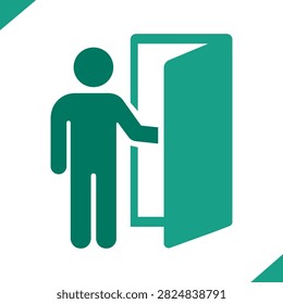A minimalist green vector icon depicting a stylized human figure standing next to an open door, representing entry, exit, access, or opportunity in a clean, professional graphic design style.