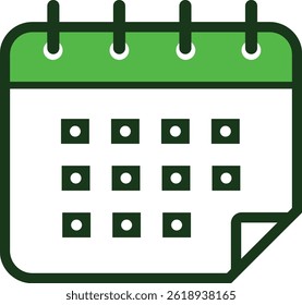 Minimalist green and white calendar icon with curled corner, grid layout, and circular holes for hanging, symbolizing scheduling and time management