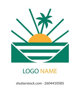 "Minimalist green and yellow logo featuring a rising sun, palm tree, and radiating lines symbolizing warmth and tropical vibes. Ideal for travel brands, resorts, and summer-themed businesses."