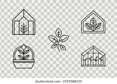 Minimalist greenhouse and plant line art icons set, perfect for botanical vector illustrations.