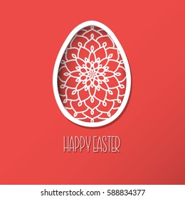 Minimalist Greeting Easter Card with openwork ornamental pattern egg . Cute style Easter Egg. 3d Paper cut shape of egg with shadow. Decorative Design Element. Origami style. Stock vector