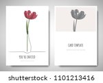 Minimalist greeting/invitation card template design, red tulip flower in simple line vase on white background