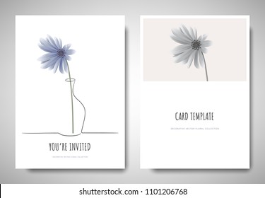 Minimalist greeting/invitation card template design, blue Chrysanthemum flower in simple line vase on white background