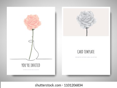 Minimalist greeting/invitation card template design, pastel pink rose in simple line vase on white background Minimalist greeting/invitation card template design, pastel pink rose in simple line vase on white background