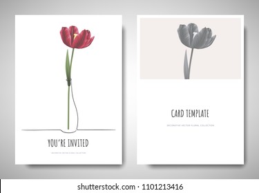 Minimalist greeting/invitation card template design, red tulip flower in simple line vase on white background