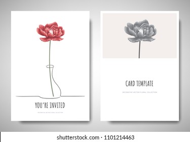 Minimalist greeting/invitation card template design, red peony flower in simple line vase on white background