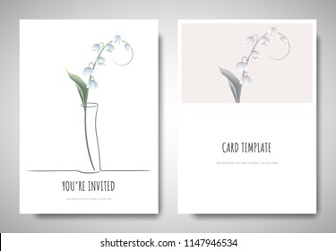 Minimalist greeting/invitation card template design, lily of the valley flower in simple line vase on white background