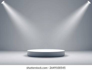estúdio cinza minimalista com um pódio circular branco iluminado por dois holofotes brilhantes, criando um espaço dramático ideal para exibições de produtos, maquetes e apresentações