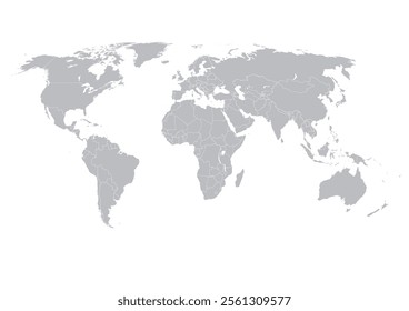 Minimalist Grey Vector World Map with Continents and Country Borders