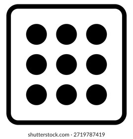 A minimalist grid icon featuring nine dots within a rounded square. Perfect for digital menu interfaces, mobile app navigation, and sleek web design. Clean, professional, and versatile.