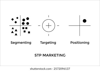 A minimalist grid layout illustrating STP marketing, with scattered shapes for segmentation, a cross hair for targeting, and a dot for positioning