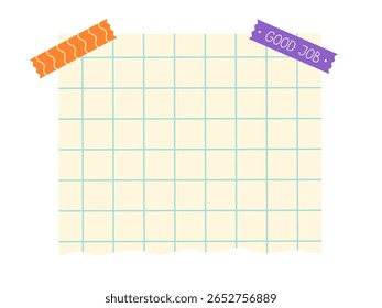 Minimalist grid notebook page with a cheerful Good Job sticker, ideal for planning, organizing, or educational designs. Vector illustration