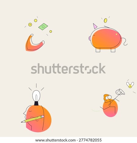 A minimalist grid showcasing icons for financial attraction, piggy bank savings, creative idea generation, and a person catching monetary opportunities.