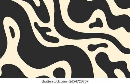 Minimalist groovy background with psychedelic abstract wavy shapes. Vector flat illustration of dynamic liquid distorted forms. Bohemian banner in 1970s retro style