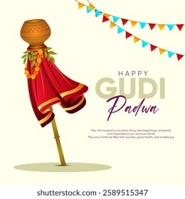 A minimalist Gudi Padwa greeting with a decorated Gudi colorful flags and warm wishes for prosperity happiness and new beginnings on a soft beige background