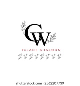 Minimalist GW Monogram with Botanical Illustration.Elegan Initial WG Logo with Floral Element. Wedding logos, hand drawn elegant, delicate and minimalist,black and white vintage logo for beauty shop.