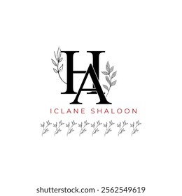 Minimalist HA Monogram with Botanical Illustration.Elegan Initial AH Logo with Floral Element. Wedding logos, hand drawn elegant, delicate and minimalist,black and white vintage logo for beauty shop.