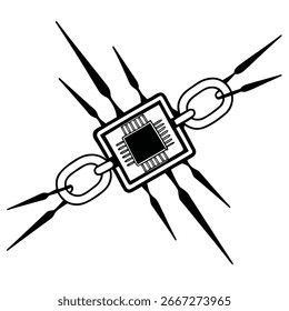 Minimalist hacker logo vector illustration in bold line art style. Features a microchip with connected chains, symbolizing cybersecurity, hacking, and digital protection. Perfect silhouette design for