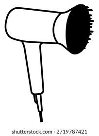 Icono de secador de pelo minimalista con accesorio de difusor. Esta elegante línea de arte es perfecta para la marca de salón de belleza, blogs de cuidado del cabello o manuales de aseo. Un gráfico de estilo vectorial limpio y profesional.