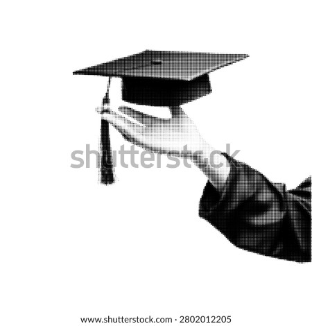 Minimalist halftone illustration of a hand holding a graduation cap. Modern education, graduation, academic success and learning concept in contemporary editorial collage style.