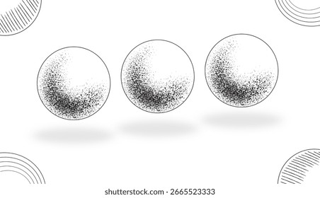 Esferas de semitono minimalista Set Ilustración vectorial. Elegantes esferas de degradado punteadas en blanco y negro para un diseño moderno.