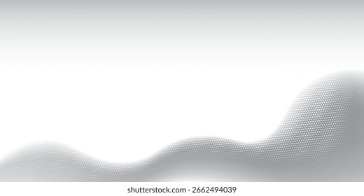 Plano de fundo minimalista de onda de meio-tom em escala de cinza com gradiente suave e textura de pontos. Ideal para layouts modernos, web e projetos de apresentação.